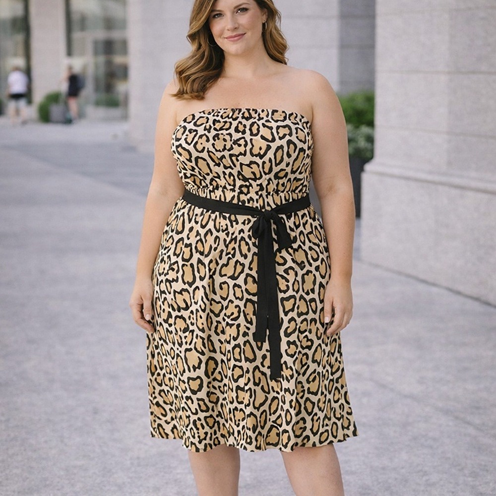 Lane Bryant Leopard Print Midi Dress Womens 18/20 Tan Black Adjustable Straps